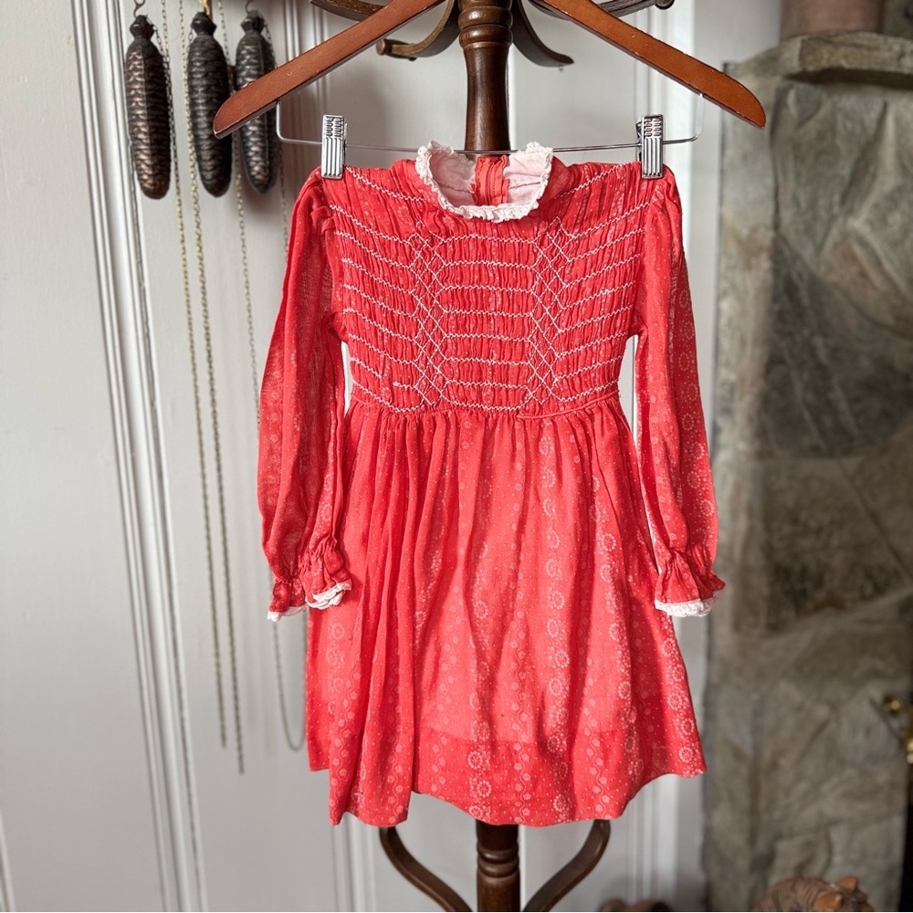 1970’s Cottagecore Smocked Floral Red Dress with Lace Detail